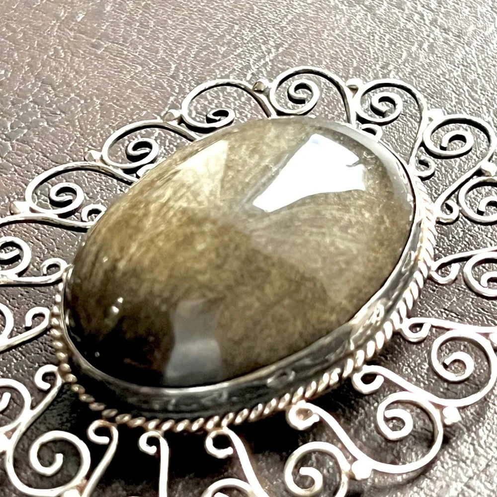 Los Ballesteros vintage sterling silver 925 obsidian brooch pin